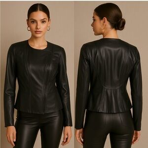 Elie Tahari Women's Luxury Designer Black Leather Jacket Size Medium Moto Blazer
